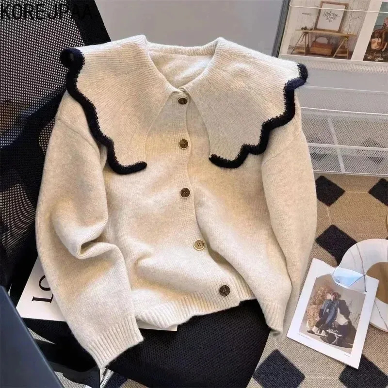 Korej Casual Women Cardigan 2023 Autumn Winter Clothes Peter Pan Collar Knitted Sweater Coat Knitwear Solid Ladies Tops 241007
