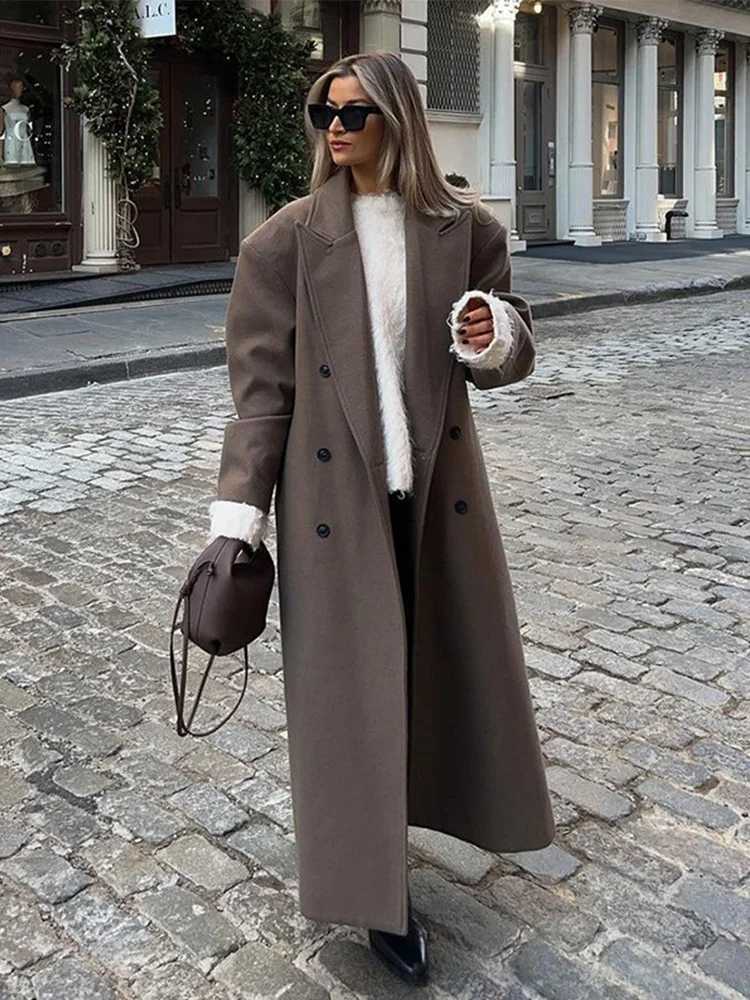 Chic Women Winter Coats Vintage Solid Double-breasted Long Sleeve Female Jacket With Pockets New Turn-down Collar Ladies OutwearX241009