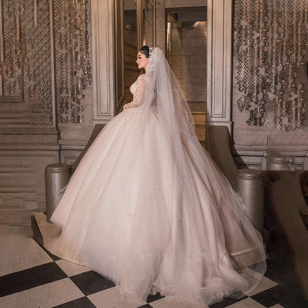 Romantic Sheer Collar Ball Gown Wedding Dresses Lace Applique Embroidery Beading Illusion Long Sleeve Princess Bride Dress