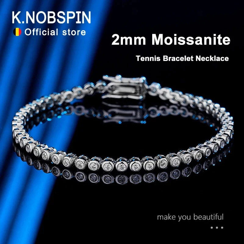 KNOBSPIN 2mm Tennis Bracelet suitable for womens hiphop chains with GRA 100% pure silver 18k white goldplated bracelet 240912