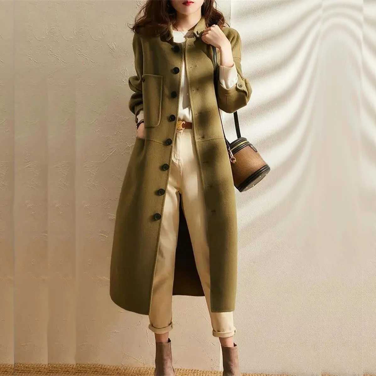 2024 Autumn and Winter New Style Thick Woolen Coat Shirt Medium to Long Coat Womens Minimalist Womens WearX241009