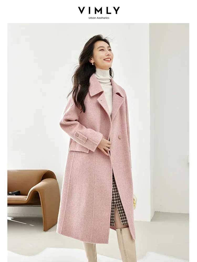 Vimly Double Faced Wool Long Pink Coats for Women 2023 Winter Notched Light Warm Woolen Overcoat Female Jacket Clothing 50687X241009