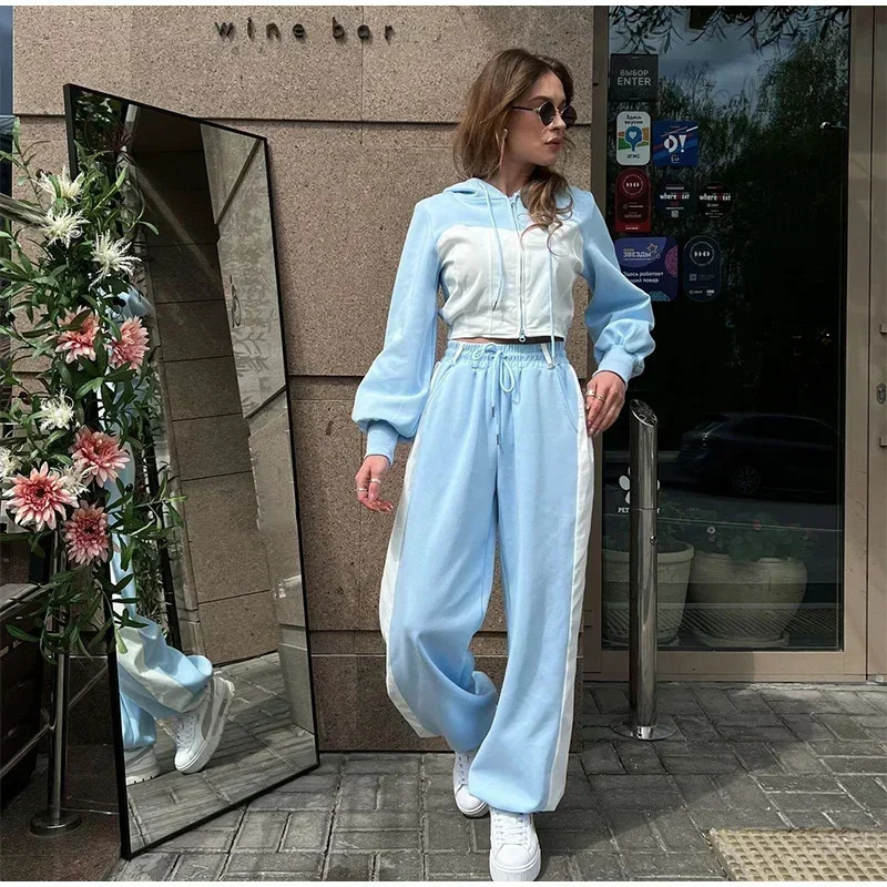 Casual Comparison Brushed Hoodie Set Womens Ultra Thin Zipper Crop Coat Loose Wide Leg Pants Autumn Track and Field Wear 241007