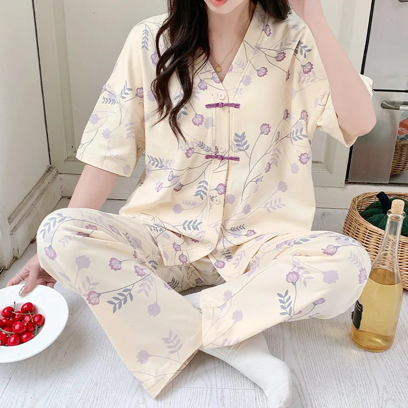 Pjs Womens Cotton Pajama Style Pajama Size Up Pajama Summer Womens Short sleeved Pants Open top Pajama Set 241009