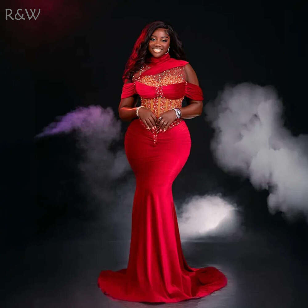 R&W 2024 Red Prom for Black Women Mermaid Promdress High Neck Long Sleeves Veet Illusion Evening Dresses Beaded Birthday Dress Second Reception Gowns 