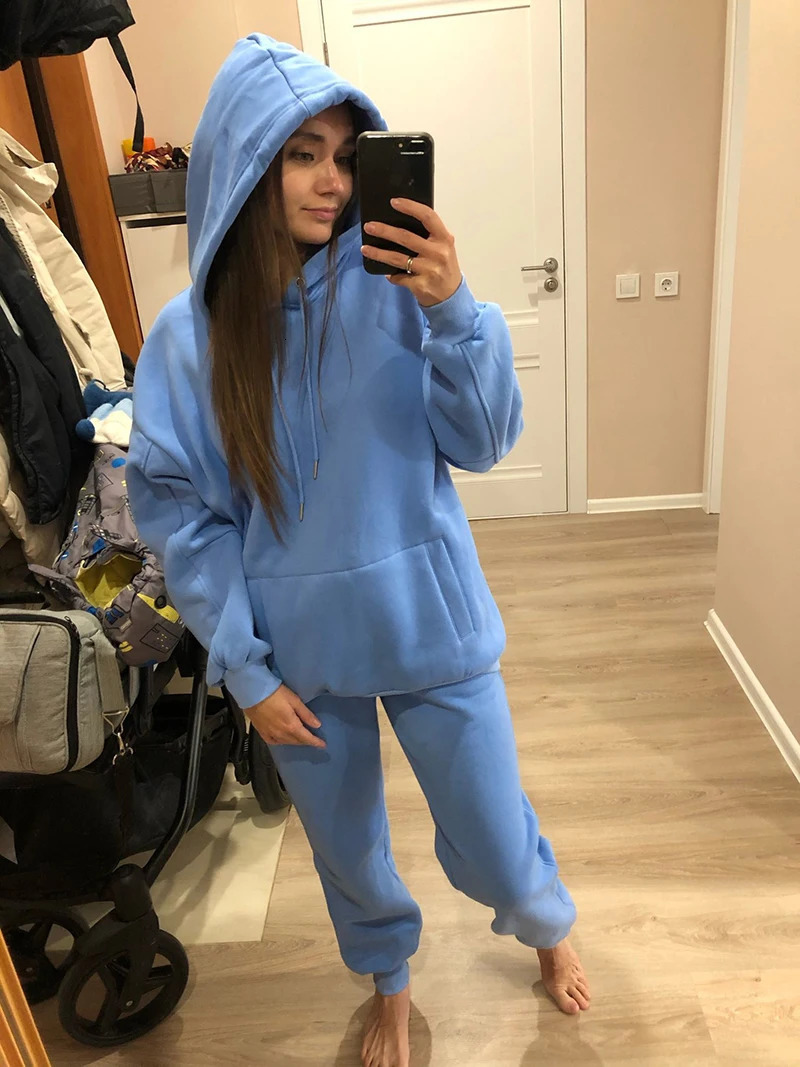 Womens sportswear casual hoodie sweatshirt pants set lounge clothing 2PCS autumn and winter thick 241007