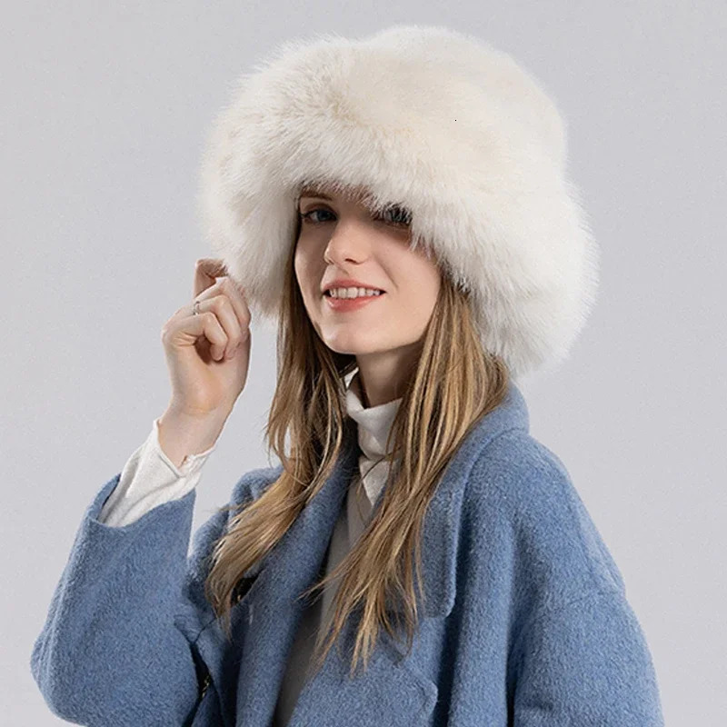 Womens Winter Hat Thickened Artificial Rabbit Hair Bucket Warm Earrings Russian Cossack Fur Outdoor Ski 241009