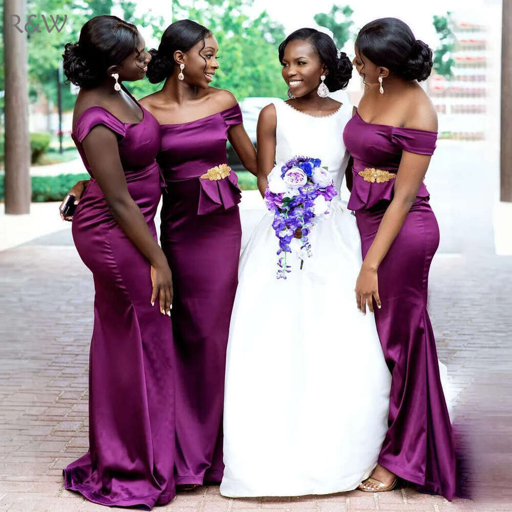 R&W Grape Junior Bridesmaid Mermaid Off Shoulder Elastic Satin Maid of Honor Dresses Bride Gowns for Nigeria Black Women Girls with Rehie Marriage BR1