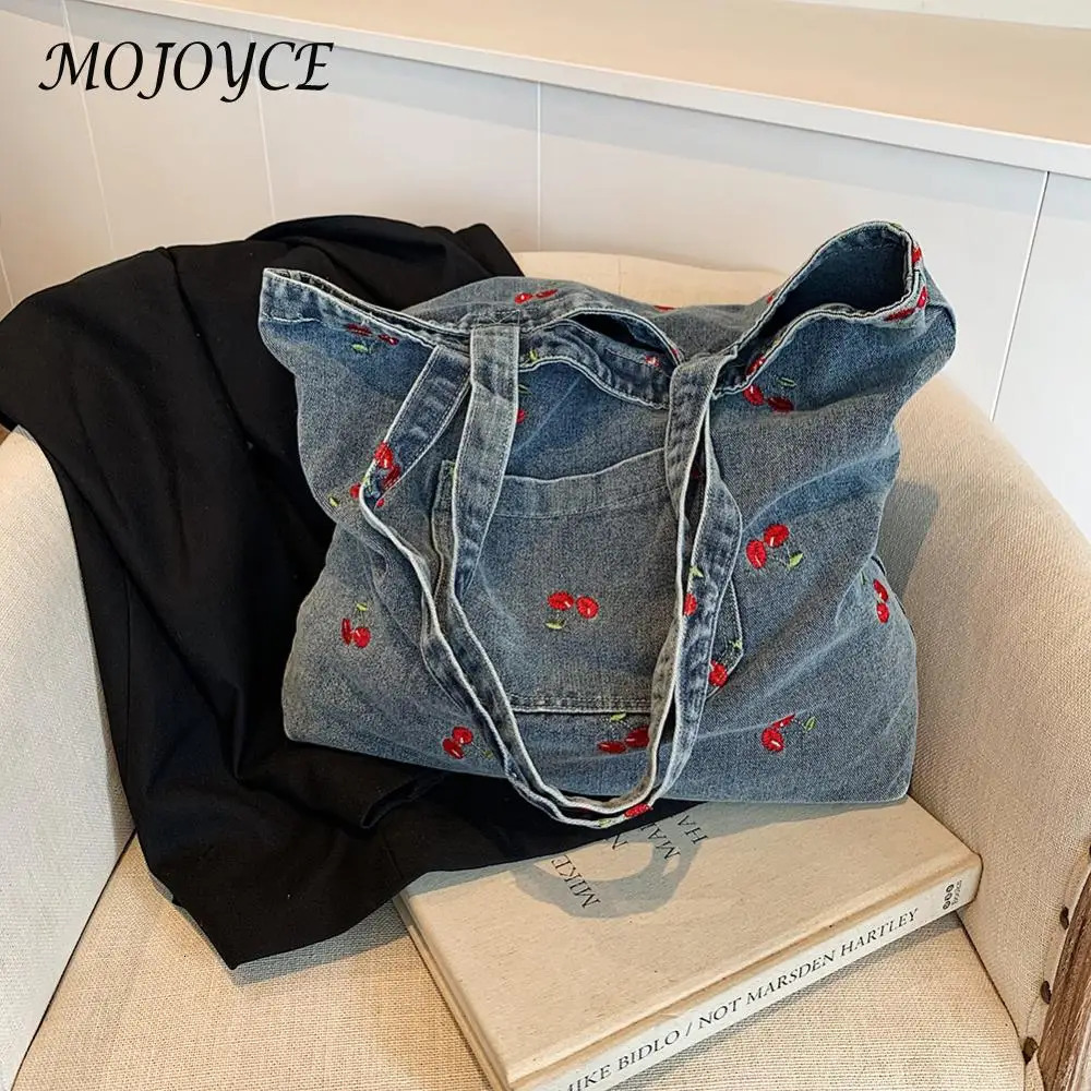 Womens denim shoulder bag simple handbag large capacity fashionable homeless bag cherry pattern retro handbag outdoor travel bag 241008