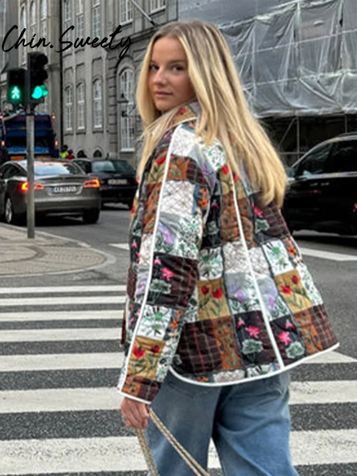 Bohemian printed womens cotton coat casual lapel single chest pocket womens coat autumn winter fashion womens jacket 241007