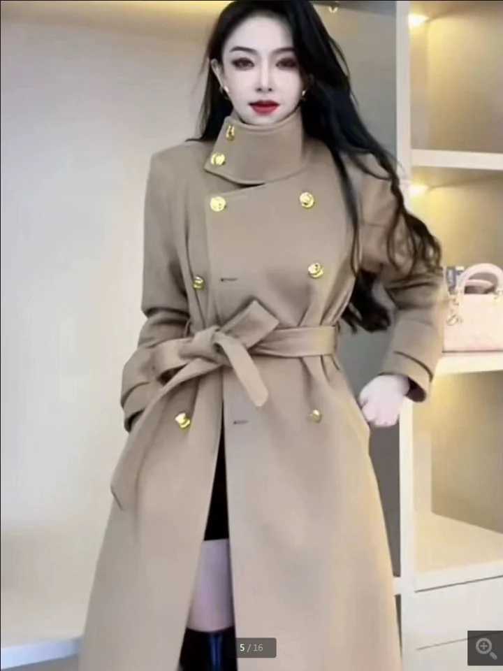 Spring Autumn 2024 New Woolen Windbreaker Jacket Womens Overcoat Loose Double-Breasted Lace-Up Pocket Slim Mid-length CoatX241009