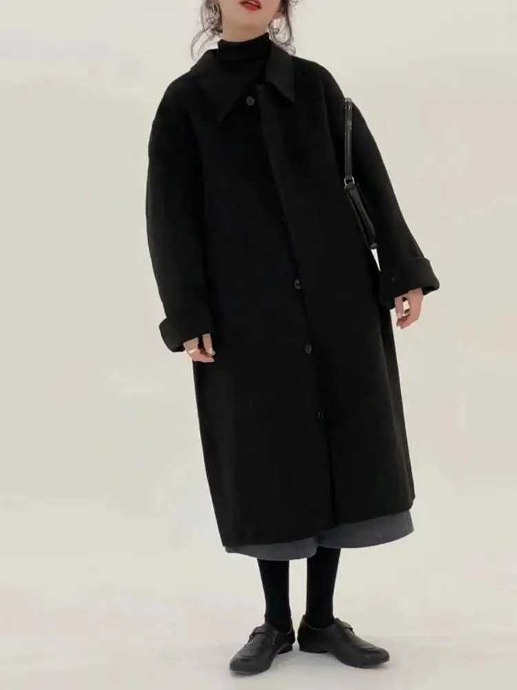 Korean Style Office Lady Woolen Jackets 2024 Autumn And Winter Lapel Single Breasted Loose Elegant Long Womens Wool CoatsX241009