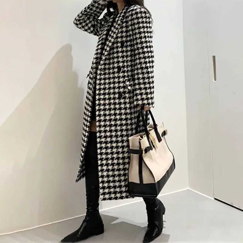 Fashion Houndstooth Faux Wool Jacket Women Autumn Korean Elegant Single Breasted Long Overcoat Winter Thick Warm Blend OutwearX241009