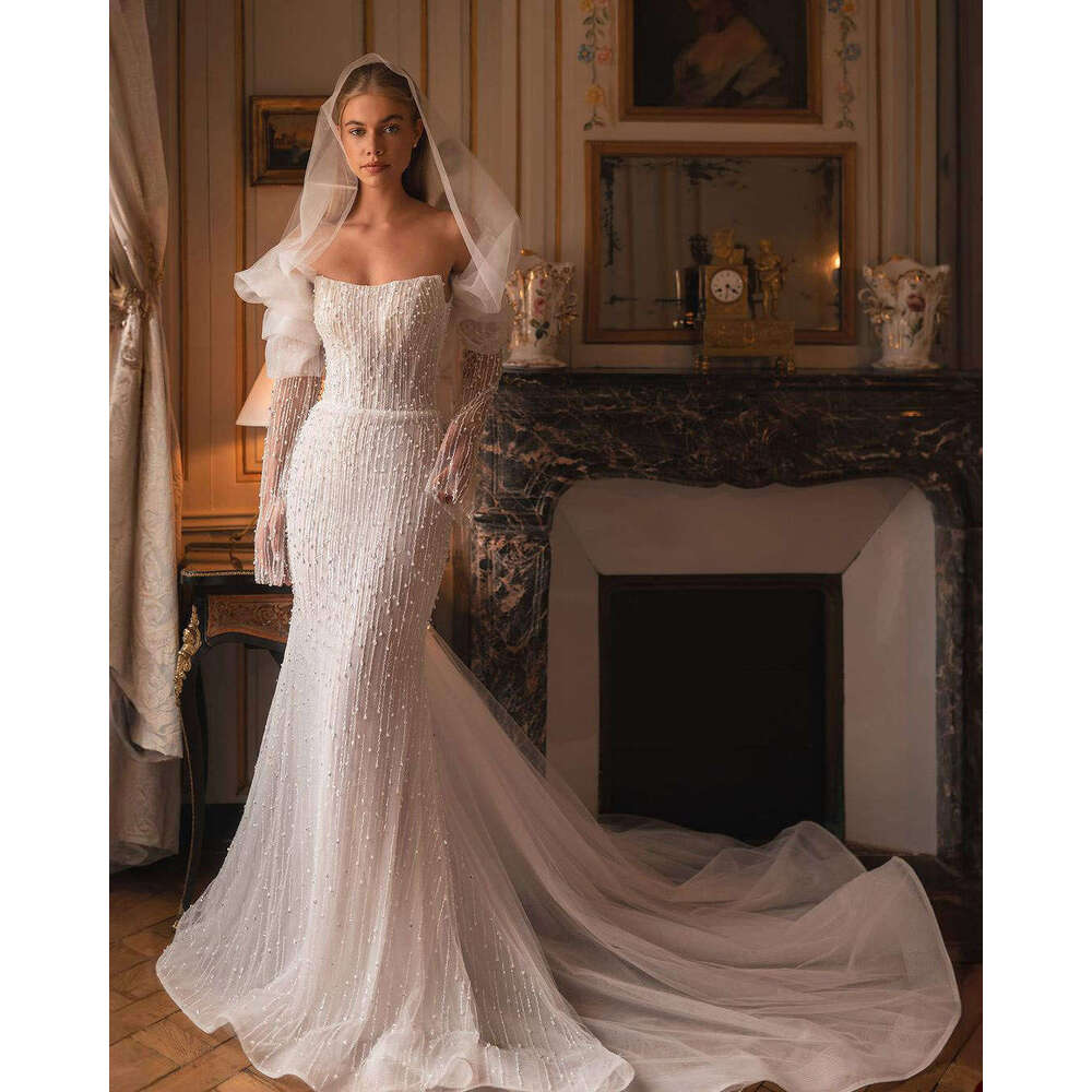 Romantic Wedding Dress Mermaid Strapless Pearls Sequined Beading or Length Princess Bride Vestido De Noiva Custom Made