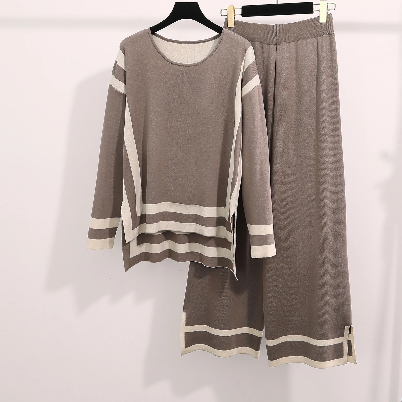 Womens Elegant Knitted Set Oneck Striped Splicing Long Sleeve Top Wide Leg Pants Office Casual Loose Sweater 241008