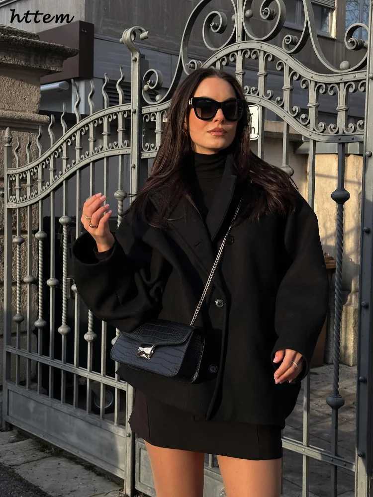 Elegant Woolen Blends Coat Women Loose Lapel Single Breasted Long Sleeve Pockets Jackets 2024 Autumn Lady Street Thicken OutwearX241009