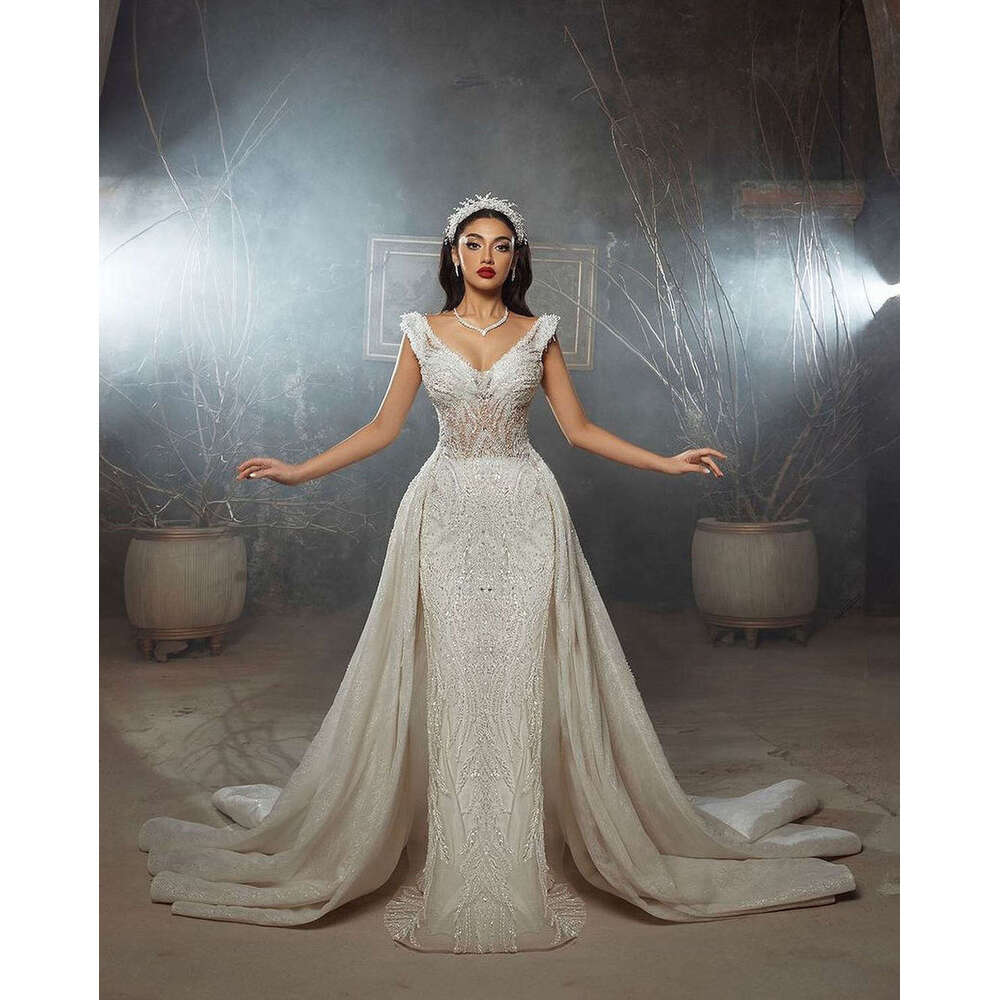 ful Wedding Dresses Mermaid V-Neck Sequined Detachable Train Sleeveless Princess Bride Dress Vestido de novia Custom Made