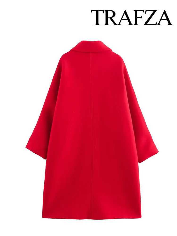 TRAFZA Womens Winter Elegant Casual Coat Red Turn-Down Collar Long Sleeves Pockets Single Breasted Women New Fashion CoatsX241009