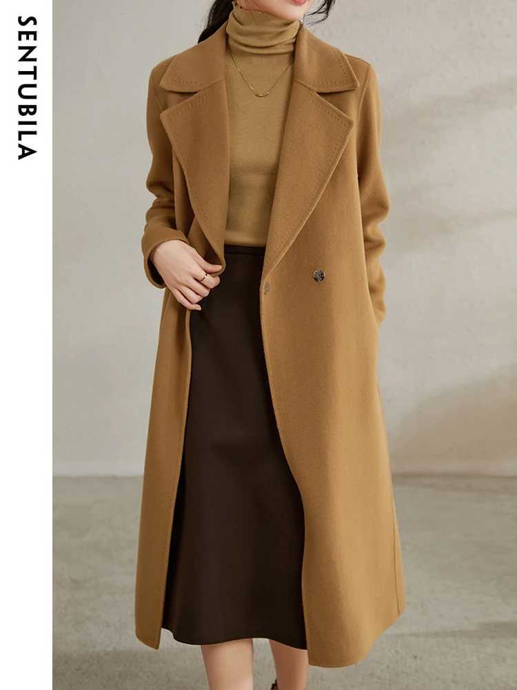 SENTUBILA Women 100% Wool Long Coat 2024 Elegant Notched Belted Straight-cut Warm Double Faced Woolen Winter Overcoat W24O43352X241009