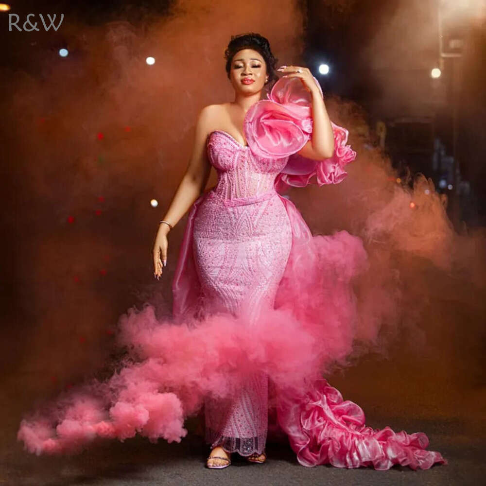 R&W 2024 Plus Size Pink Prom For Special Ocns Evening Dresses Mermaid Promdress One Shoulder Beaded Lace Birthday Dress Second Reception Gowns AM1235