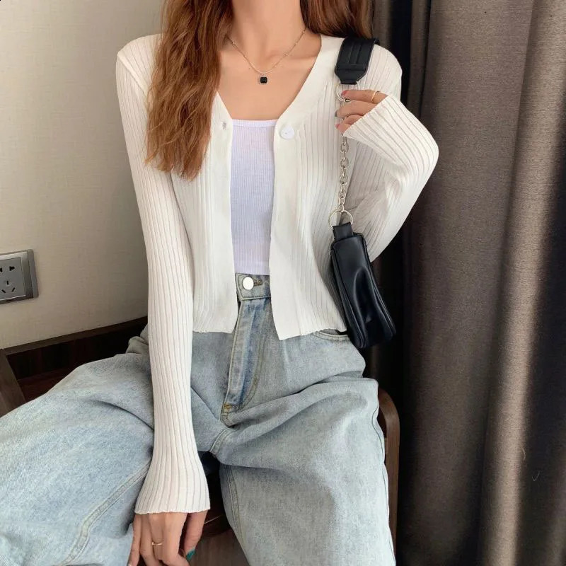 Xpqbb Knitted Cardigan for Women Korean Chic Single Buckle Cropped Cardigans Woman Autumn Ribbed Long Sleeve Vneck Sweater Coat 241007