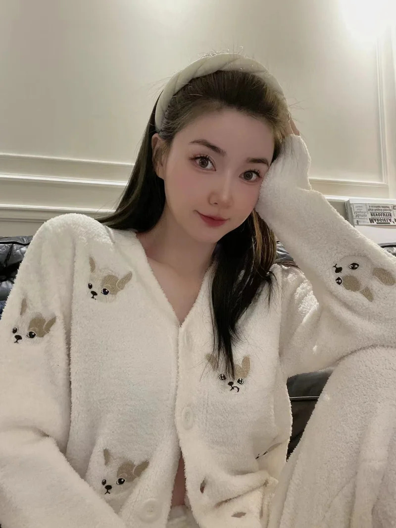 Autumn Winter Fashion Casual Pama Sets V-Neck Cardigan Trousers Pijamas Feminino Cute Cartoon Embroidery Loose Homewear Suit