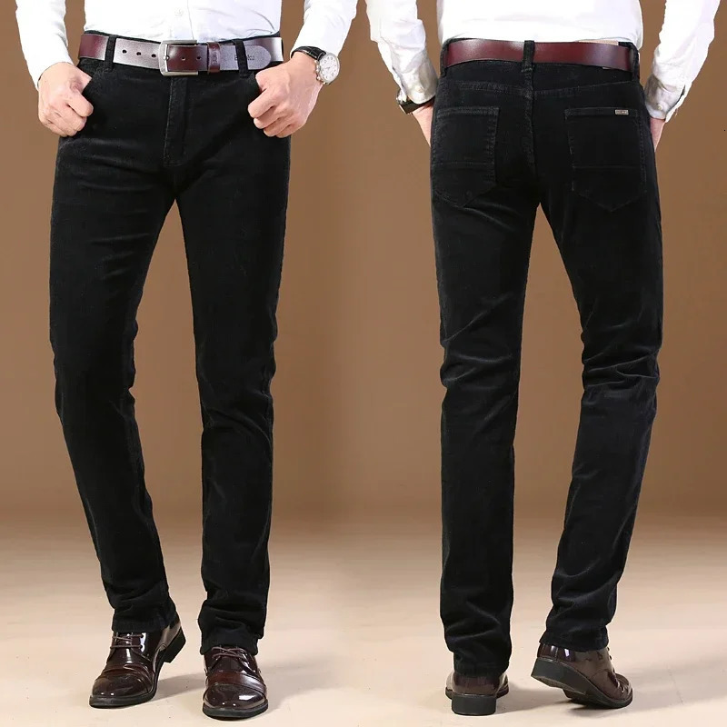 Winter Mens Corduroy Casual Pants Business Fashion Solid Color Elastic Regular Fit Trousers Male Black Khaki Coffee Blue 241009