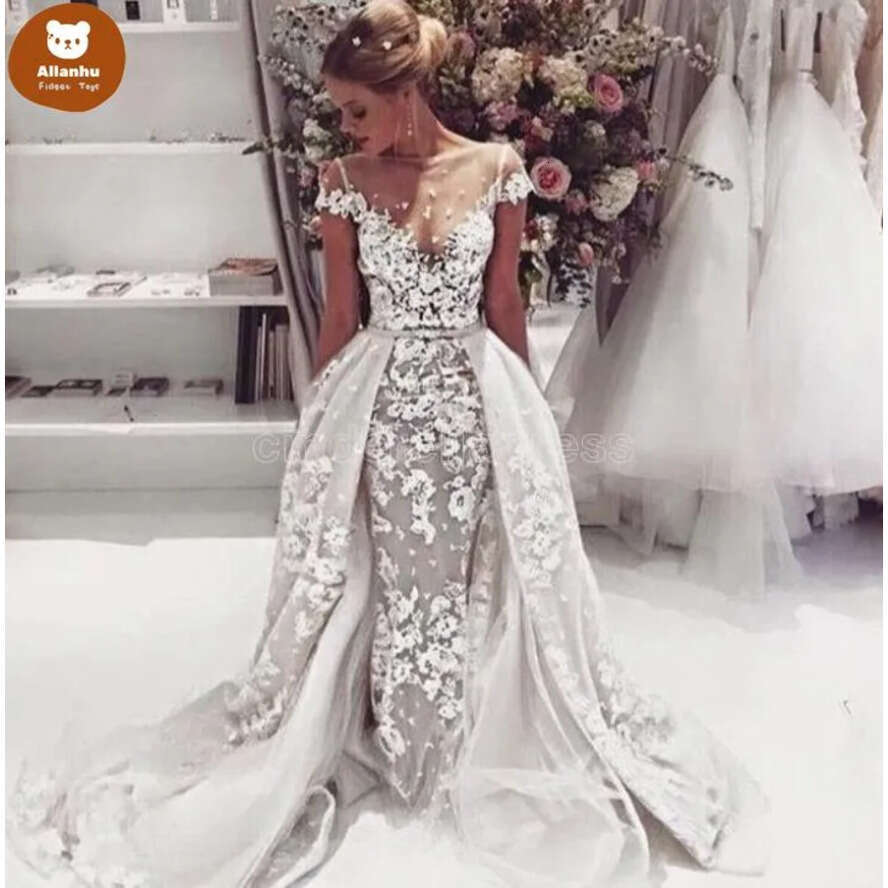 Lace Appliques Wedding 2022 Dresses Bridal Gowns With Overskirt Sexy Sheer Bateau Short Sleeves Vestidos De Novia Custom Made Court Train Bc10177