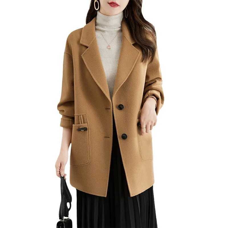 Blends Coat Women Wool Jacket Vintage Turn Down Collar Pockets Spliced Long Outwear Button Elegant Thick Autumn WinterX241009