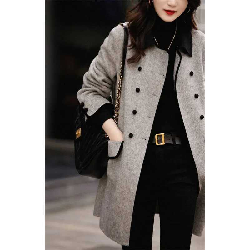 New High Quality Woolen Coat Female Autumn Winter Fashion Korean Slim Casual Versatile Style Contrast Color Wool Overcoat WomenX241009