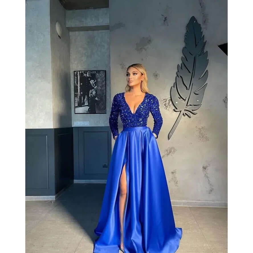 Dresses Blush Pink Prom With Pocket Sexy V Neck A E Split Evening Gowns Bgbg Sequined Top Satin Long Sleeve Vestidos Party Wears Bc15046 Vening Estido