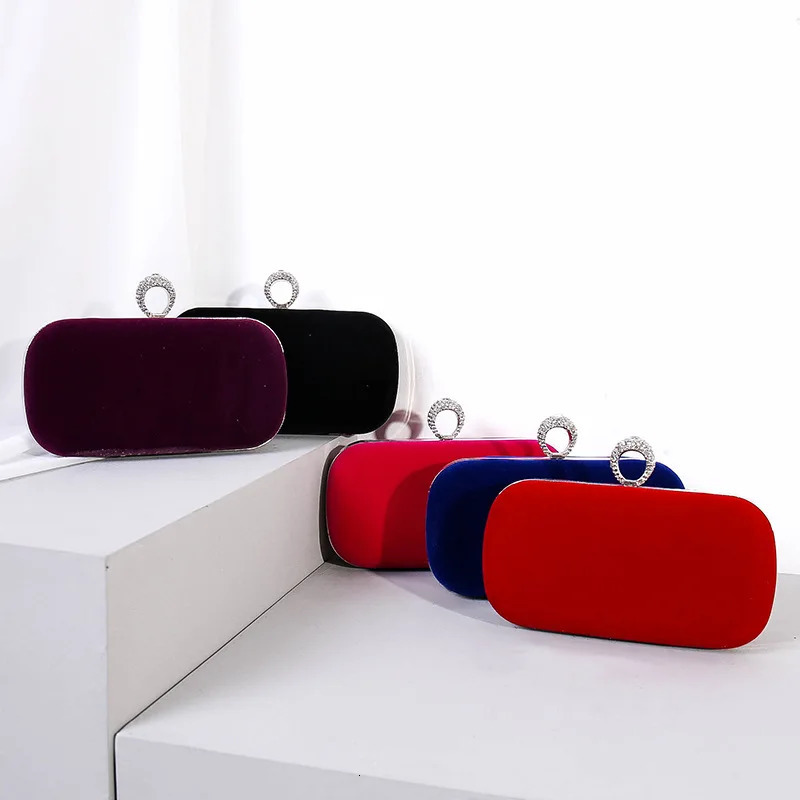 Retro blue velvet womens small clutch fashionable and exquisite rhinestone ring handbag elegant and fashionable wedding party evening bag 241008