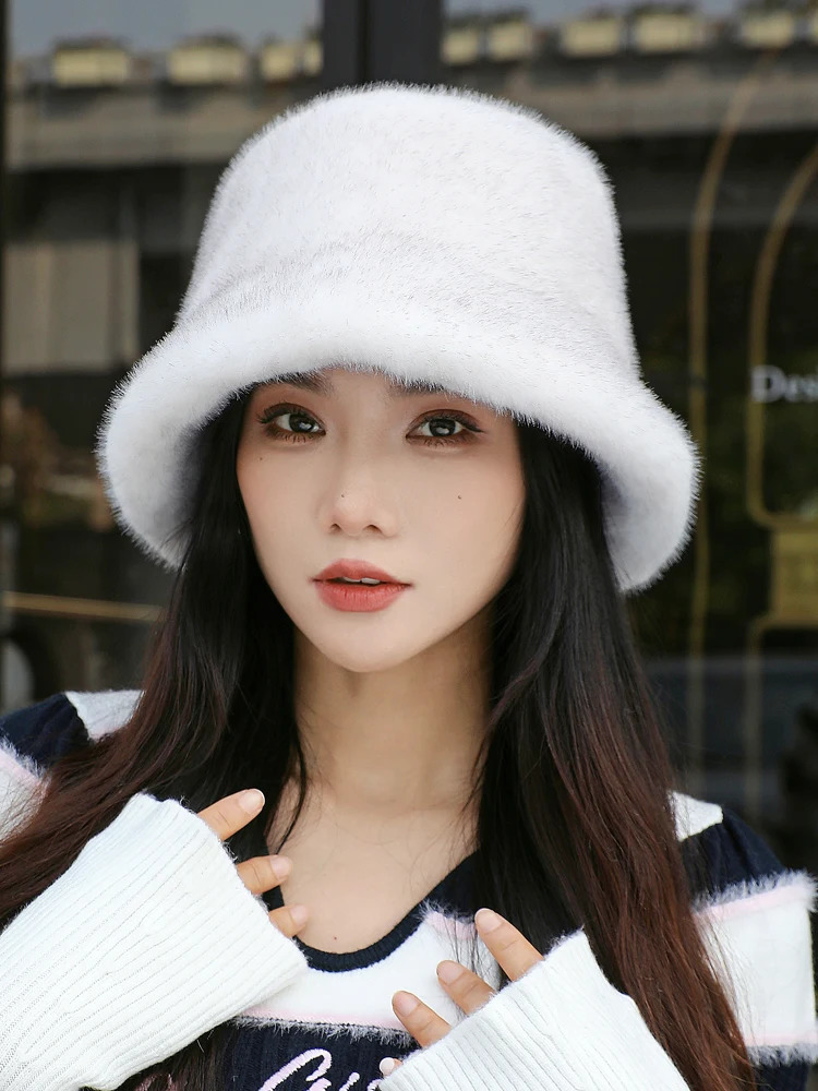 mink bucket elegant womens winter hat n fashionable faux fur knitted warm bean 241009