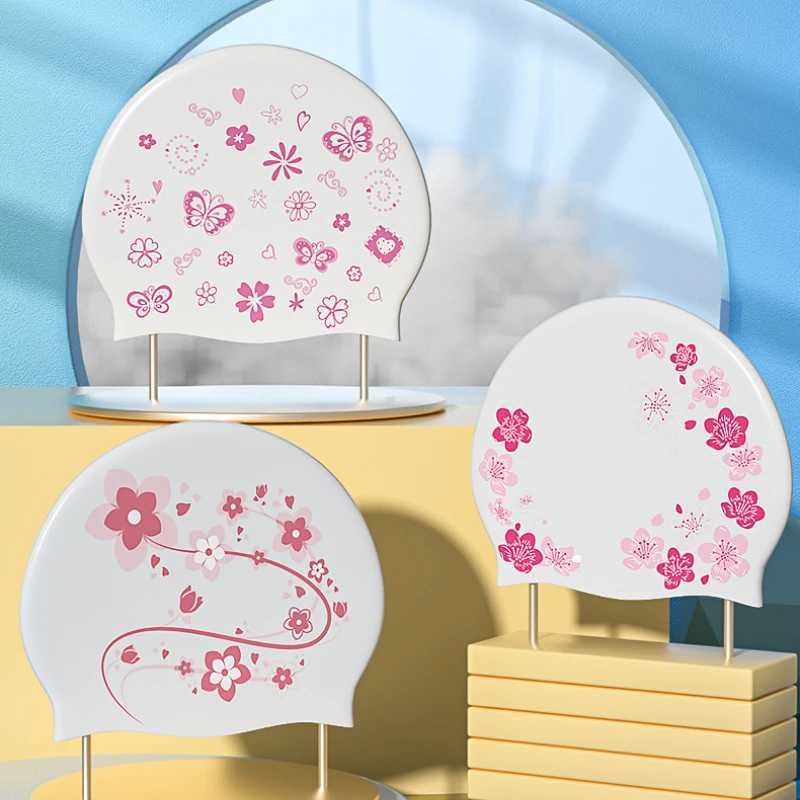 Womens silicone swimming cap large size long hair ear protection swimming cap floral print adult swimming cap pool accessories CL241009