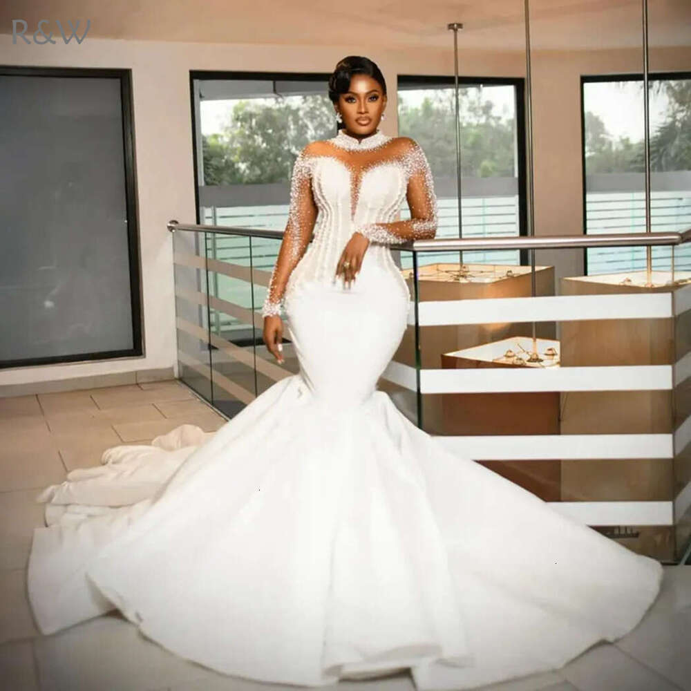 R&W 2024 Plus Size Dress Bride urious Mermaid Wedding Dresses Bridal Gowns High Neck Long Sleeves Illusion Pearls Beaded Marriage For Black Women D269