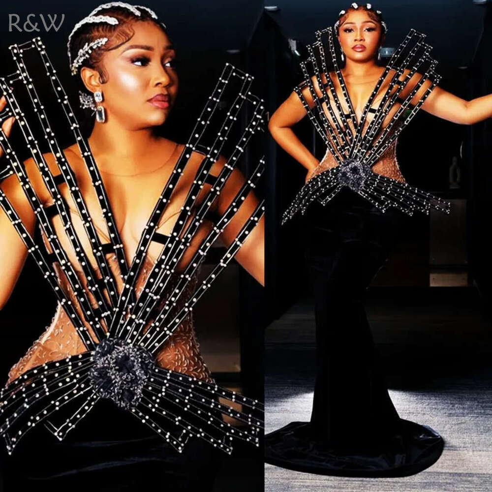 R&W 2024 Plus Size Prom Mermaid Promdress Evening Formal Illusion Sheer Neck Veet Beaded Birthday Dress Second Reception Gowns Engagement Gown AM1312