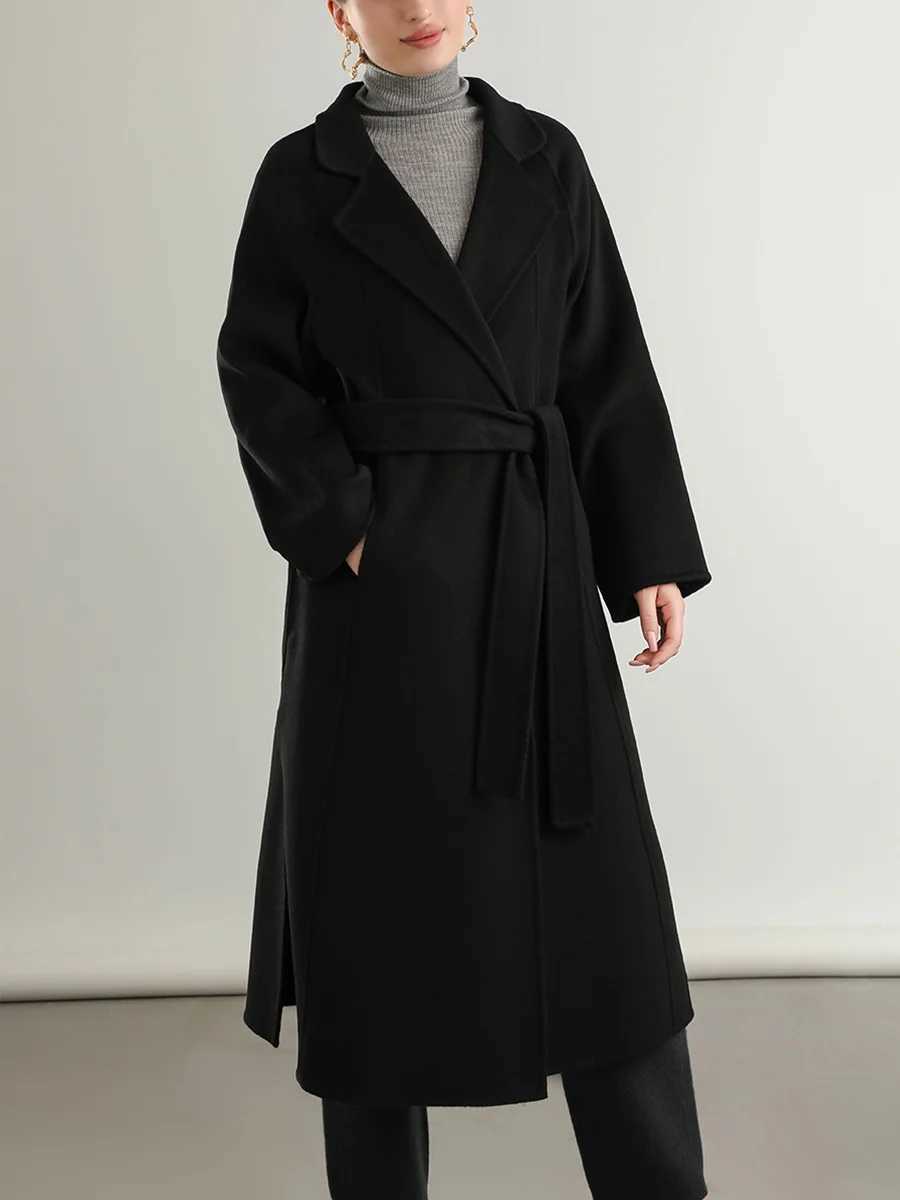 Women Classic 100% Wool Long Coat Turn-down Collar Belt Double Layer Wide Notch Lapel Full Sleeve Overcoat 22 Fall Winter #17X241009