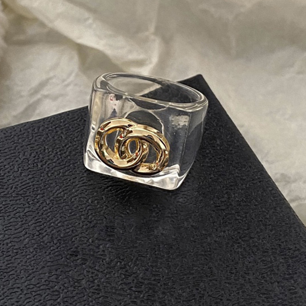 Never Fade Geometry Pattern Ring Gold Plated Brass Copper Open Band Rings Fashion Designer High Quality Acrylic Clear Ring for Womens Wedding Jewelry Gifts One Size
