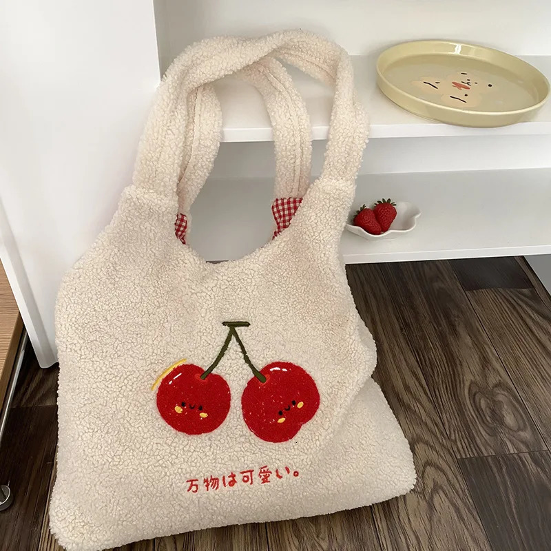 Womens Plush Cherry Embroidered Handbag Shoulder Bag Fluffy Canvas Handbag Like Fabric Large Shopping Bag Cute Backpack 241008