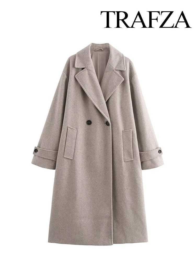 TRAFZA Women Autumn Solid Overcoat Fashion Double Breasted Turn-down Collar Pocket Design Coats Female Casual Loose OvercoatX241009