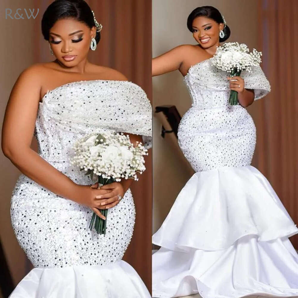 R&W 2024 Aso Ebi Plus Size Mermaid Dress Bridal Bride One Shoulder Sequined Lace Beaded Pearls Wedding Gowns for Marriage D289