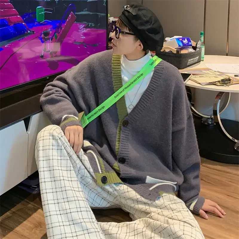 Cardigan Man Clothes V Neck White Knitted Sweaters for Men Striped Black A 90s Vintage Cheap Long Sleeve 100% Pull Oversize Tops LX241009