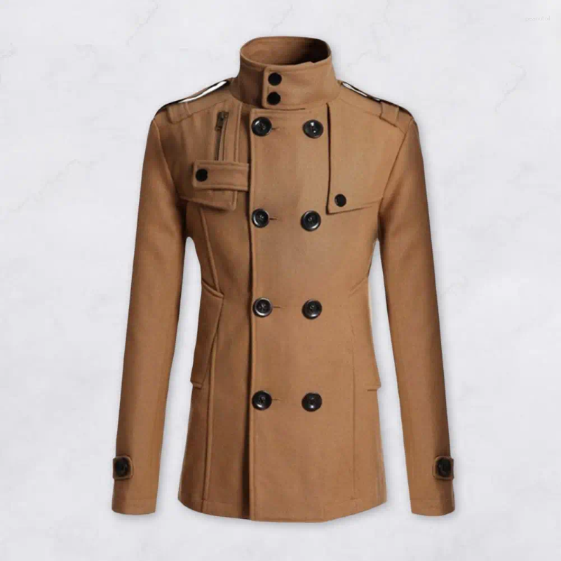 Men's Trench Coats Men Woolen Coat Stand Collar Long Sleeve Windbreaker With Double-Breasted Closure Pockets Solid Color Mid-Length Outwear B4