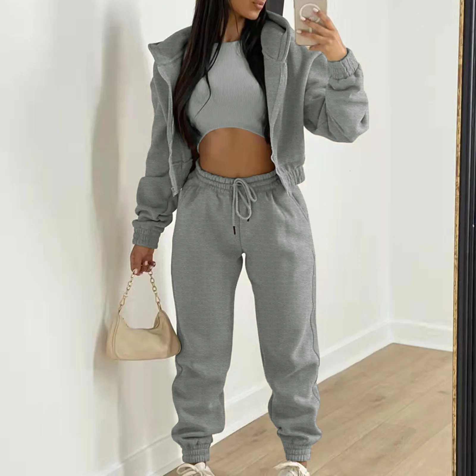 Womens 3piece casual long sleeved zipper hooded sweatshirtribbed vestwaist sports pants jogging set 241008