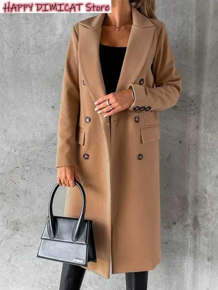 Woolen Coat Casual Solid Color Coats Women Autumn Winter Long Jacket Ladies Vintage Double Breasted Overcoat Female ElegantX241009