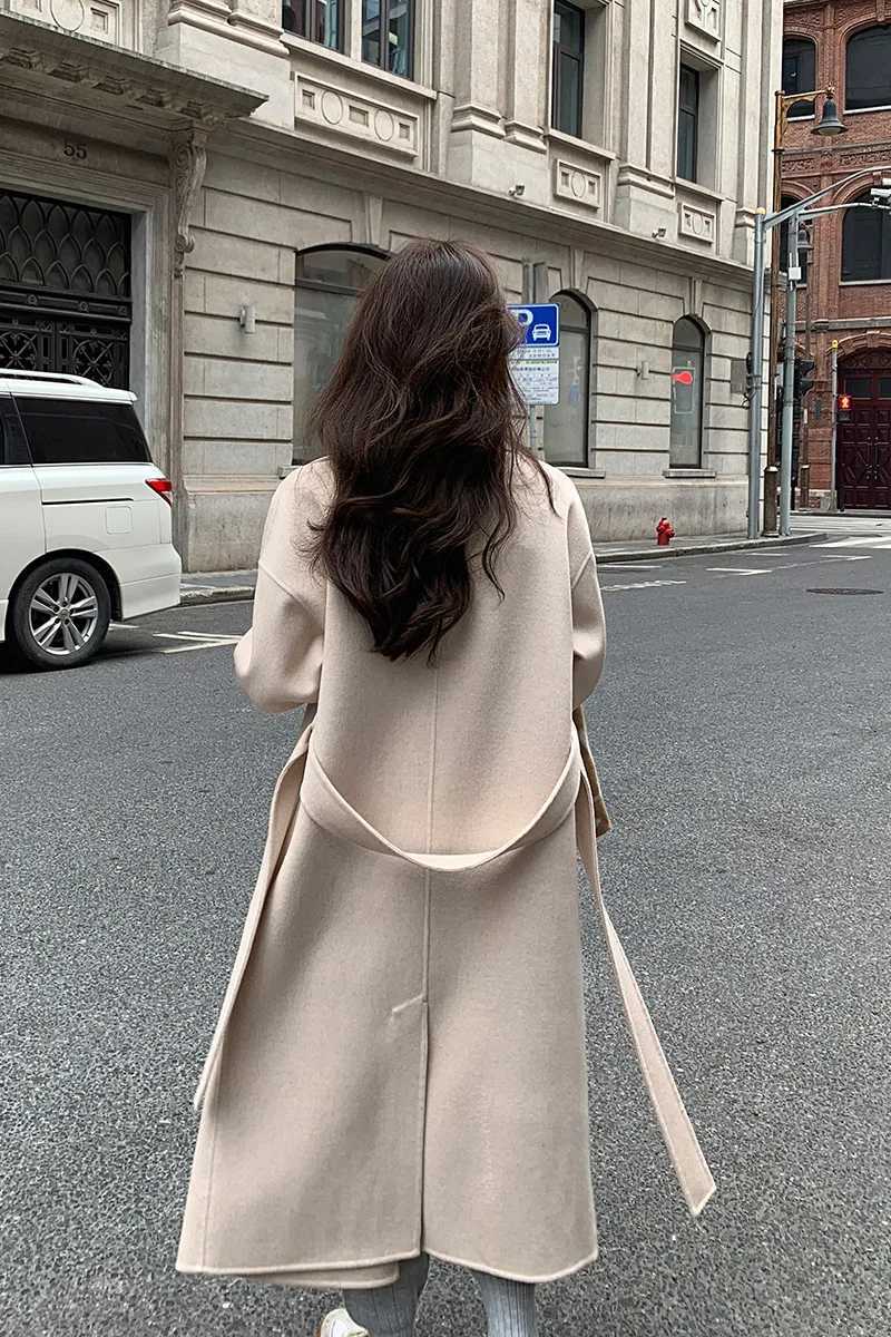 2024 New Autumn And Winter Womens Coat 100% Merino Wool Lapel Tie Commuting Classic Retro Loose Mid-Length CoatX241009