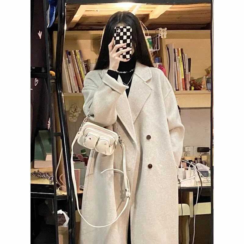 Pink Overcoat Womens Loose-fit Medium-length Woolen Jacket 2023 Autumn/winter New Style Korean Fashion Trendy CoatX241009