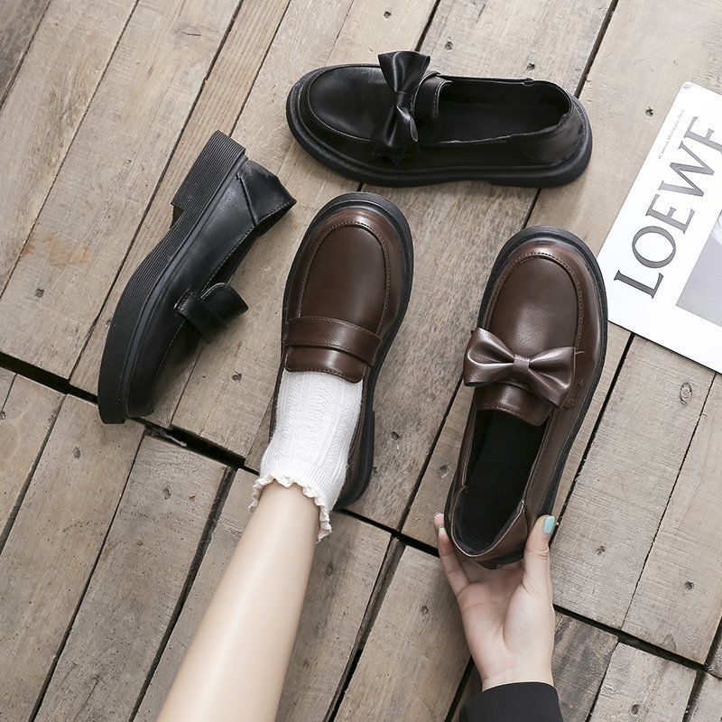 Single shoe women's 2024 spring new British style JK college style small leather shoes with flat bottom bow bow women's shoes