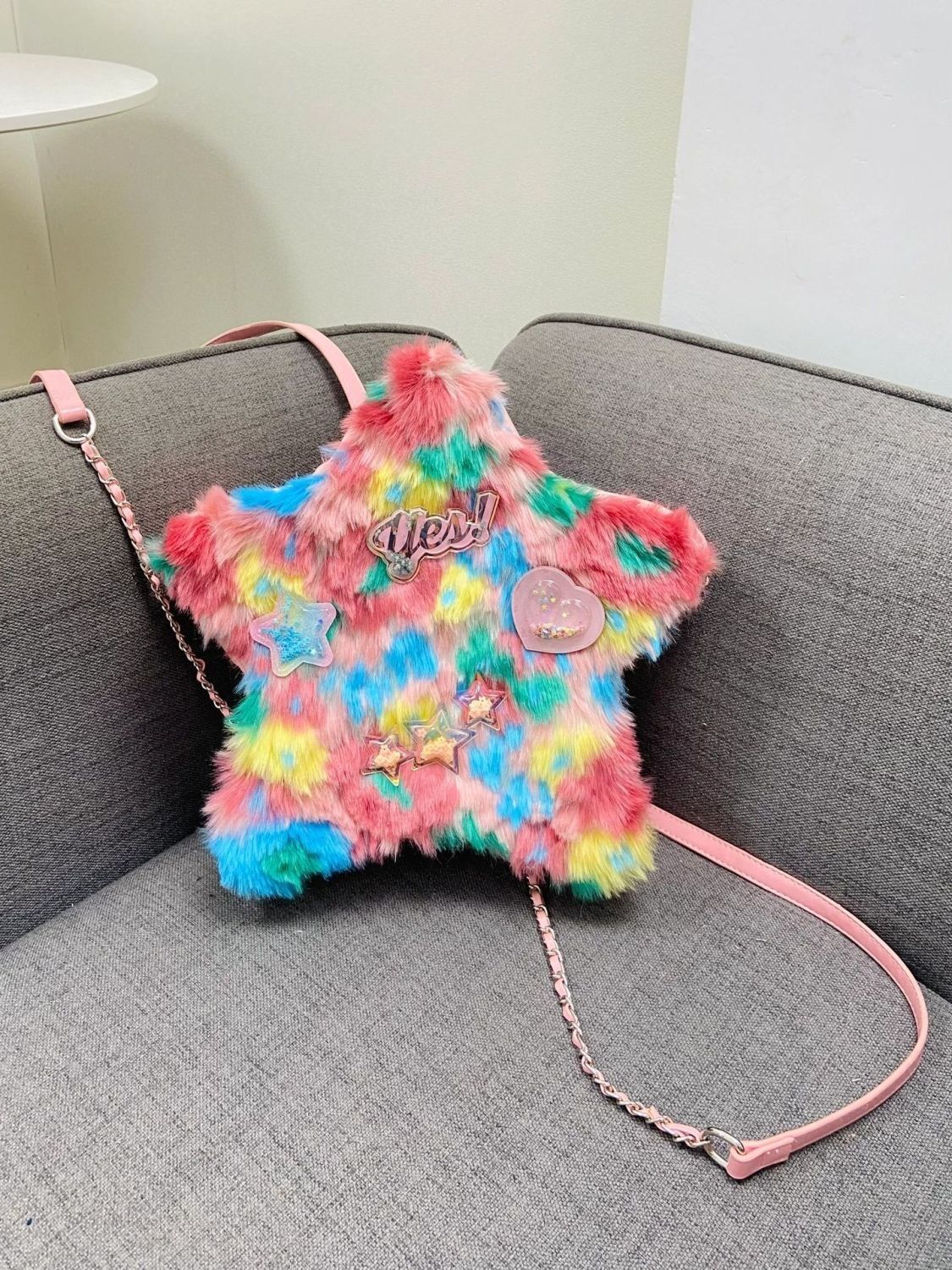 New original oil painting color plush five-pointed star backpack DIY Glitter letter chain backpack