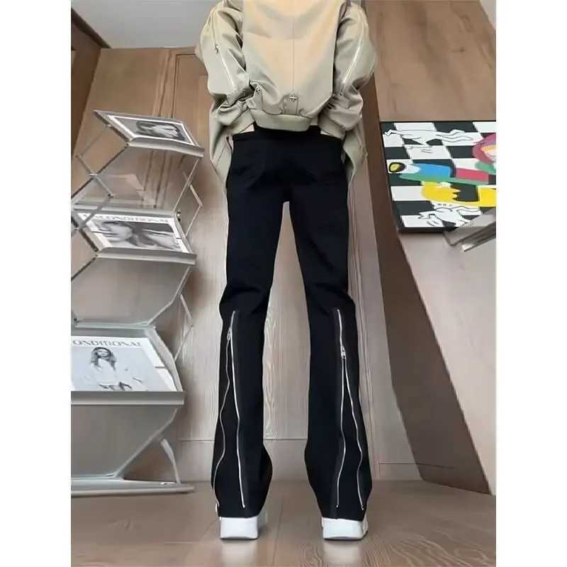New Black High Street Pants For Men Instrendy Hip Hop Slim Fit Zip Up Side Slit Denim Casual Straight Leg TrousersX241009